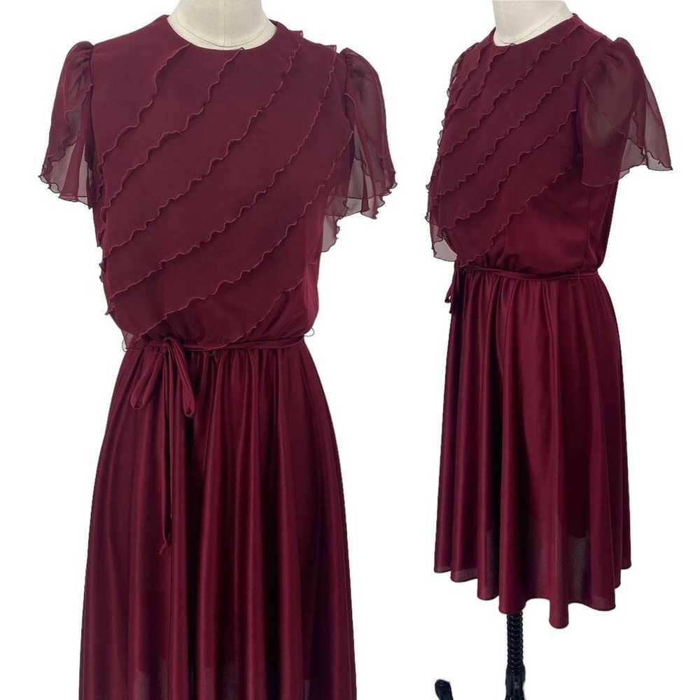 Vintage 70s Ruffled Mini Dress Flutter Sleeve Tie… - image 1