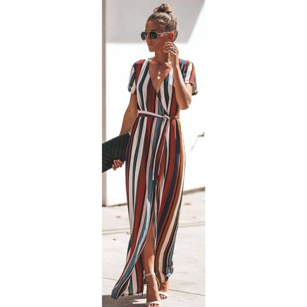 Vici Multicolored Striped Short Sleeve Wrap Maxi … - image 2