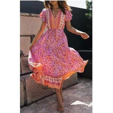 Bohemian Pink Orange Floral Print Flowy Midi Dress