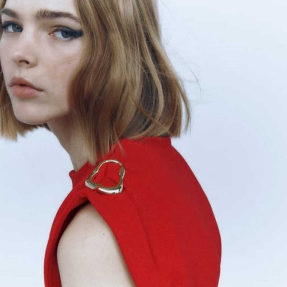 ZARA red Slim Knit Mid Bodycon Evening Dress Gold… - image 5