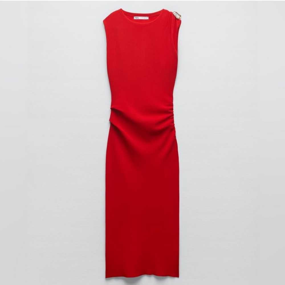 ZARA red Slim Knit Mid Bodycon Evening Dress Gold… - image 6