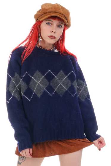 Vintage Y2K Navy Wool Argyle Knit Sweater - S/M/L