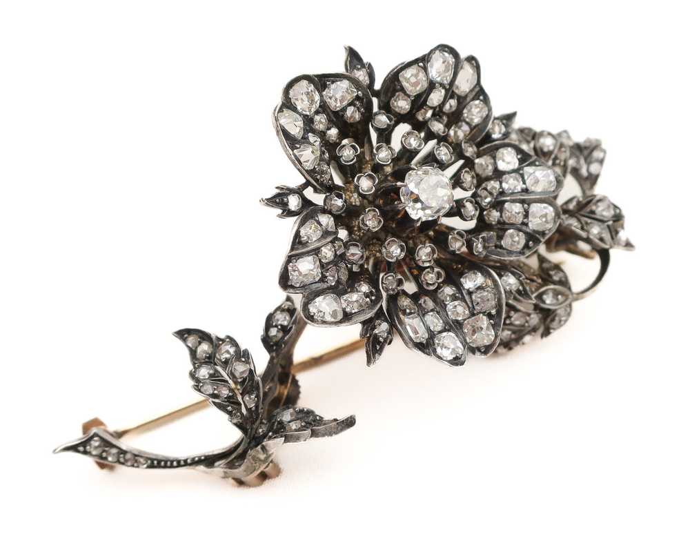 Victorian Rose-Cut Diamond Floral Brooch - image 1