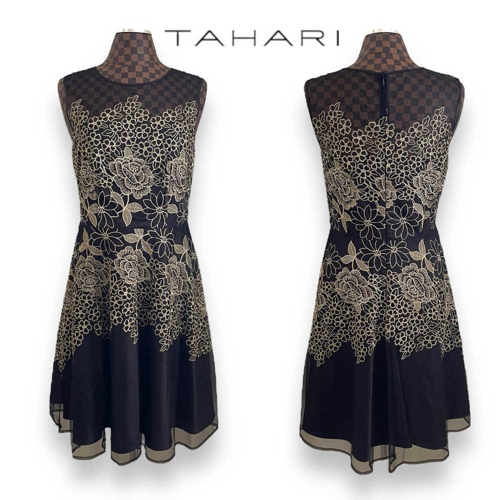 Tahari Party Dress Sz 10 Black Gold Fit & Flare F… - image 1
