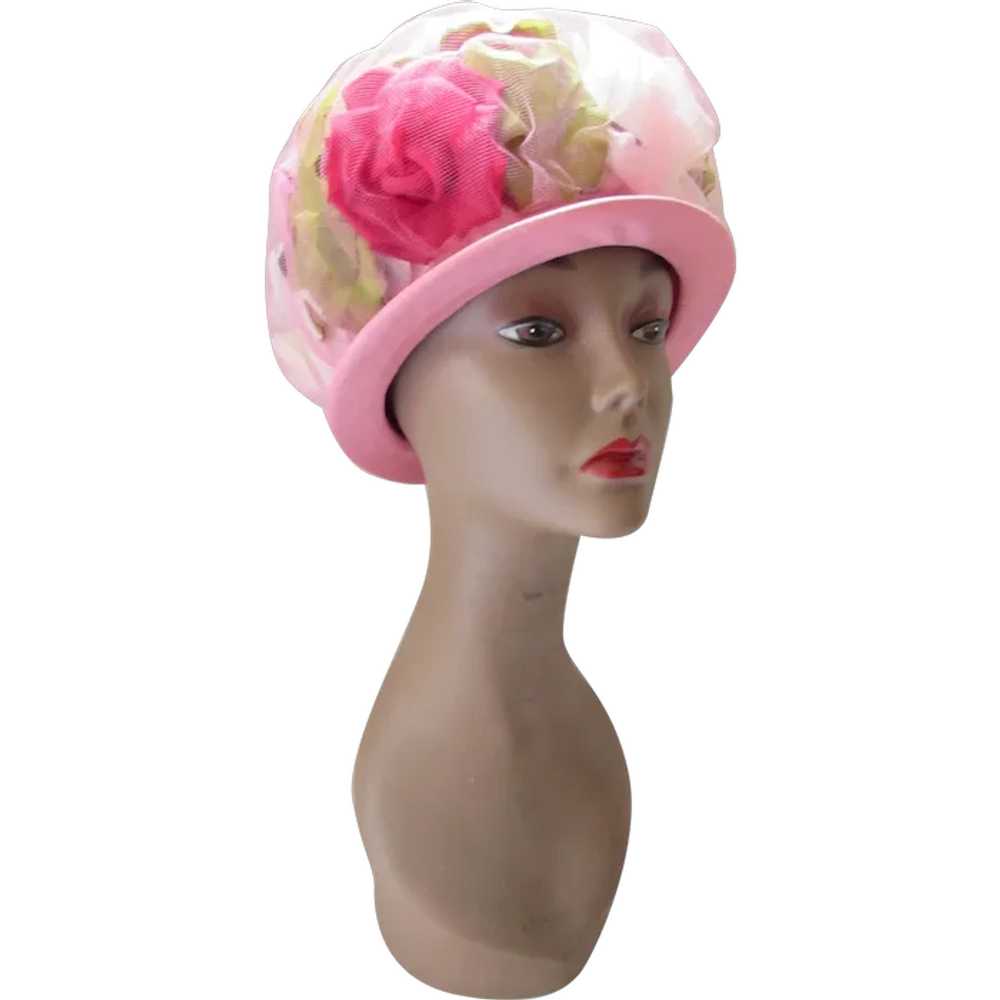 Fab 1960 Era Bouffant Hat Pink & Red Cabbage Rose… - image 1