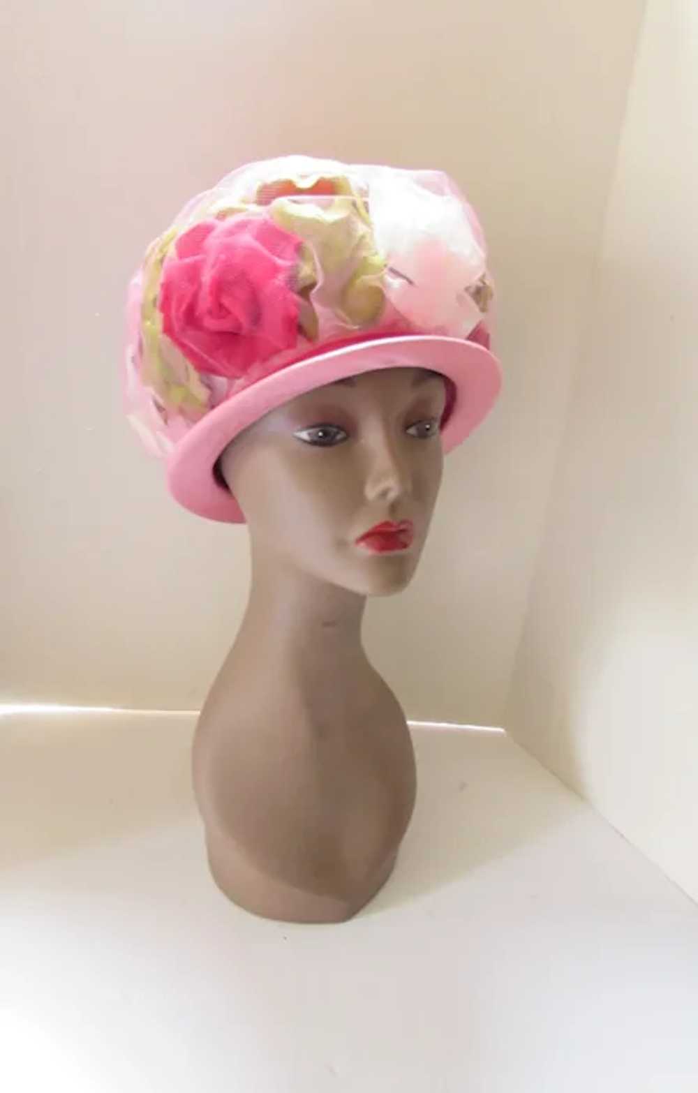 Fab 1960 Era Bouffant Hat Pink & Red Cabbage Rose… - image 2