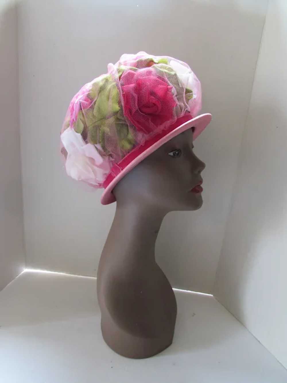 Fab 1960 Era Bouffant Hat Pink & Red Cabbage Rose… - image 3