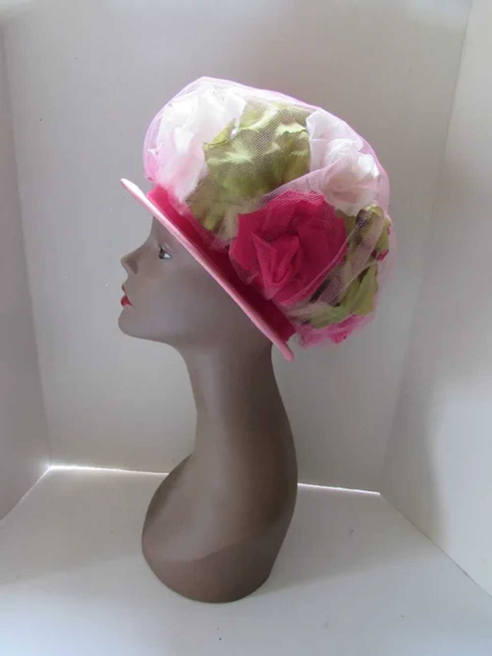 Fab 1960 Era Bouffant Hat Pink & Red Cabbage Rose… - image 5