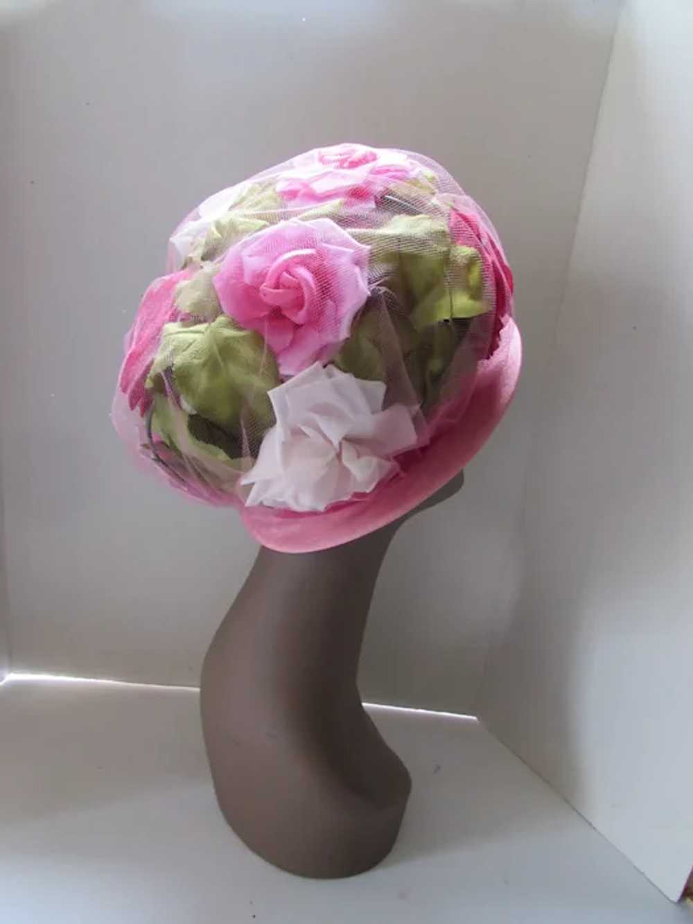 Fab 1960 Era Bouffant Hat Pink & Red Cabbage Rose… - image 6