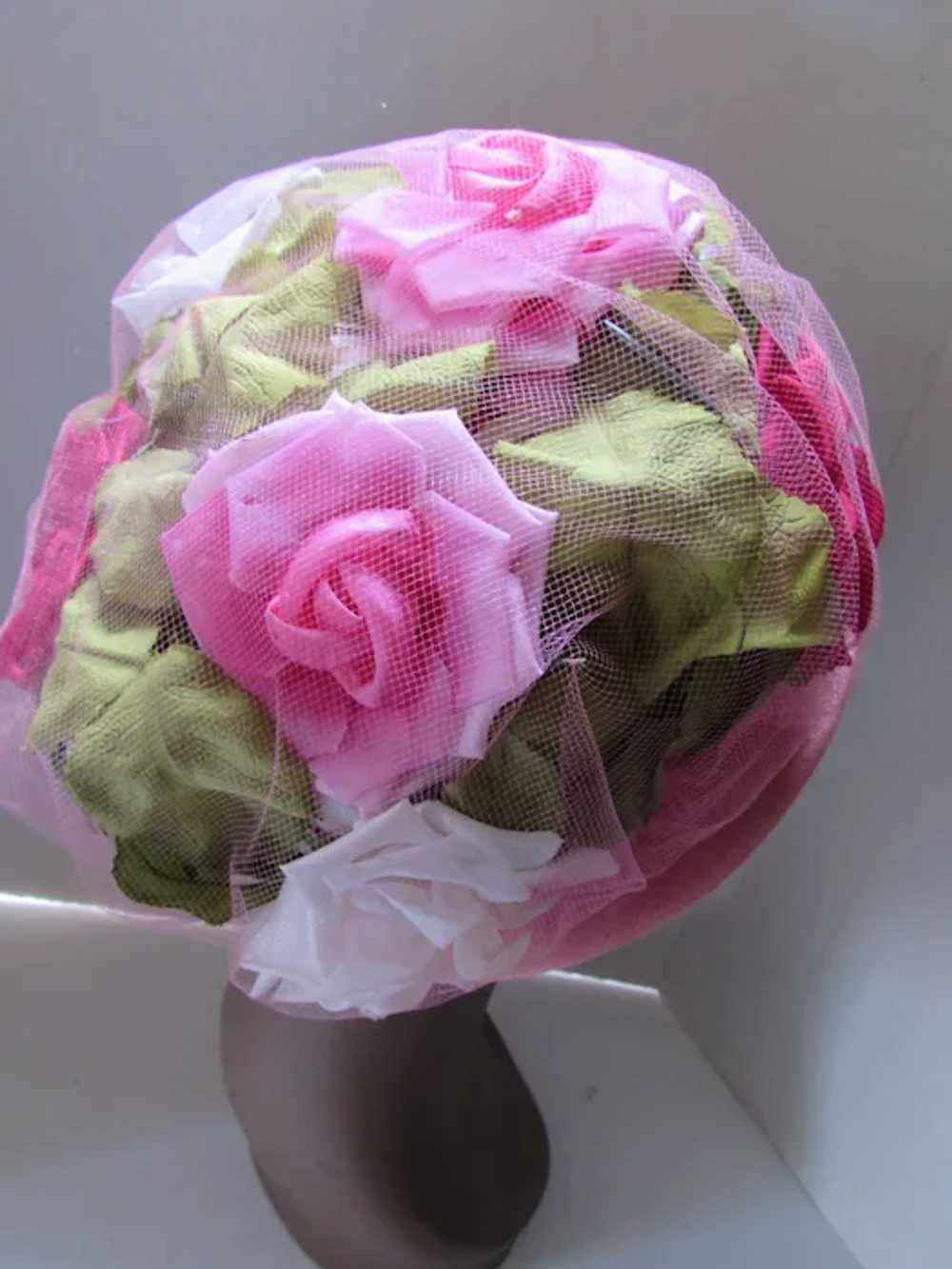 Fab 1960 Era Bouffant Hat Pink & Red Cabbage Rose… - image 8