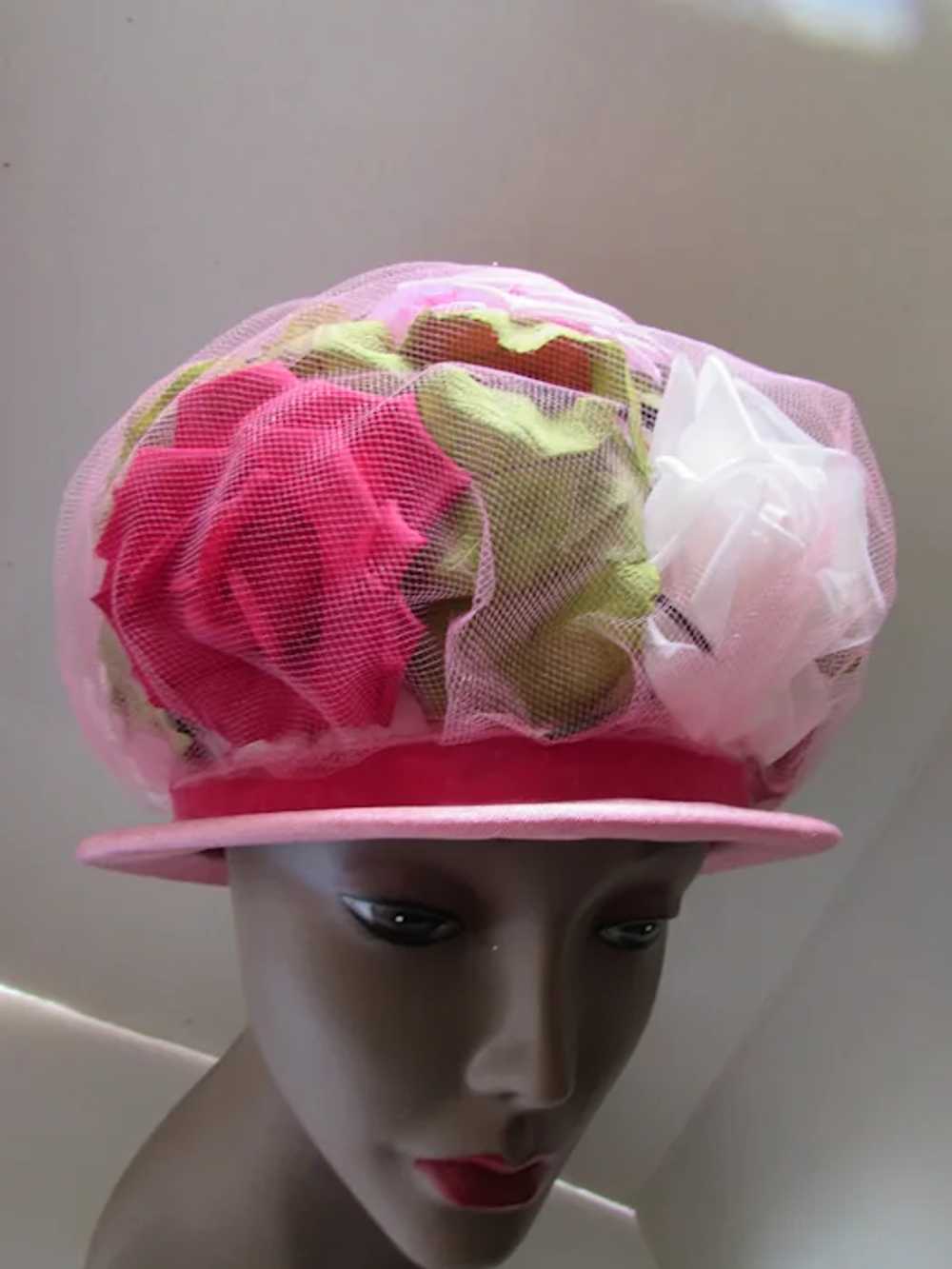 Fab 1960 Era Bouffant Hat Pink & Red Cabbage Rose… - image 9