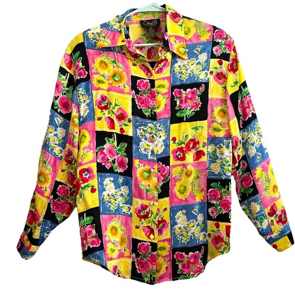 Corey B 80s Silk Floral Patchwork Button Front Lo… - image 1