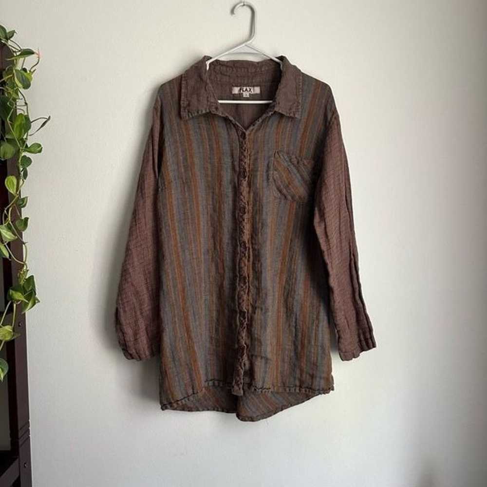 Flax Linen Bias Back Tunic Button Front Top Brown… - image 1