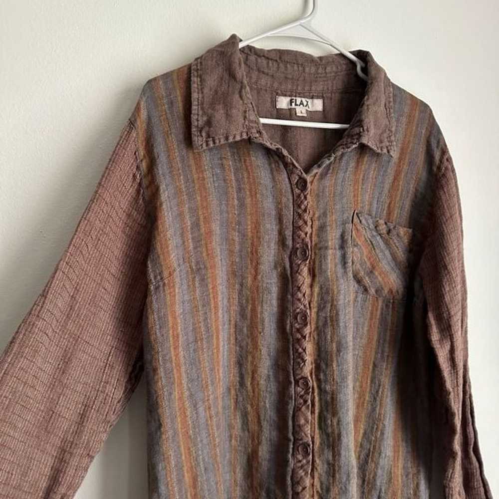 Flax Linen Bias Back Tunic Button Front Top Brown… - image 2