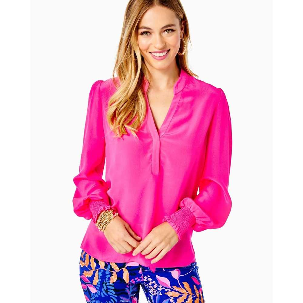 Lilly Pulitzer Dae Smocked Cuff Popover Silk Blou… - image 1