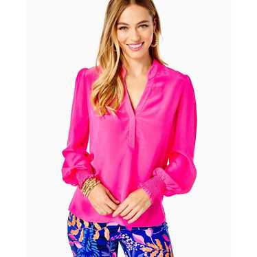Lilly Pulitzer Dae Smocked Cuff Popover Silk Blous
