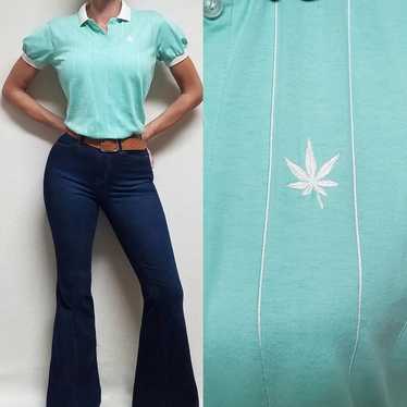 70s Vintage Boast Weed Leaf Embroidered Aqua Whit… - image 1