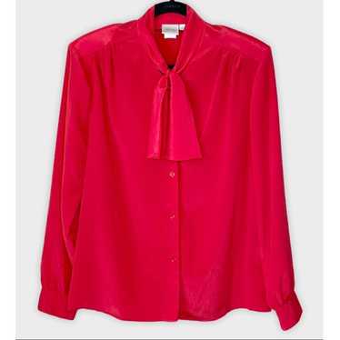 VINTAGE red tie neck long sleeve silky blouse fit… - image 1