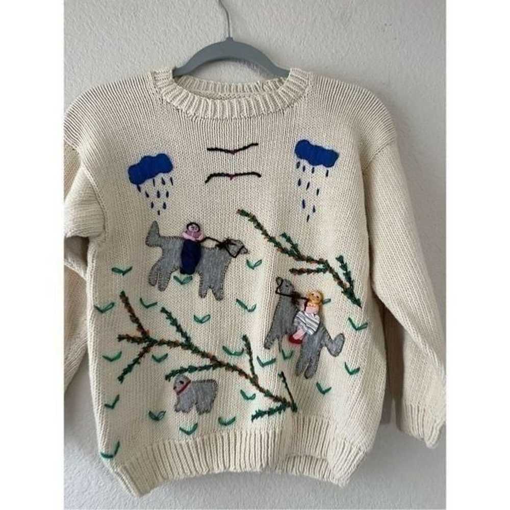 Vintage 80s Hand Knit Peruvian Folk Sweater With … - image 2