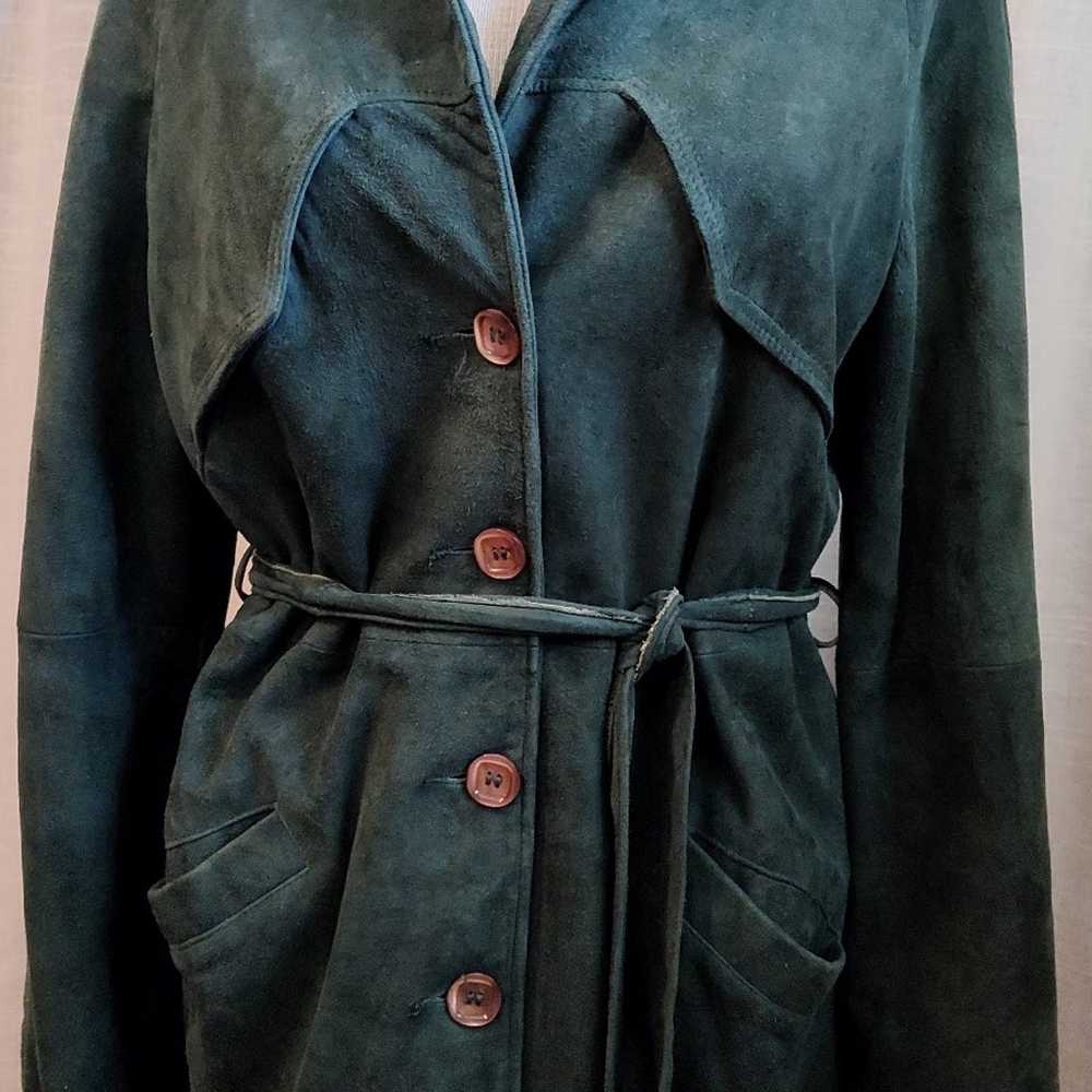 Vintage 1970s Green Suede Western Belted Coat Lea… - image 1