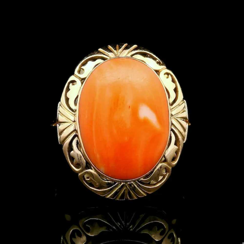 Vintage 14k Yellow Gold Bezel Coral Cabochon Etch… - image 2