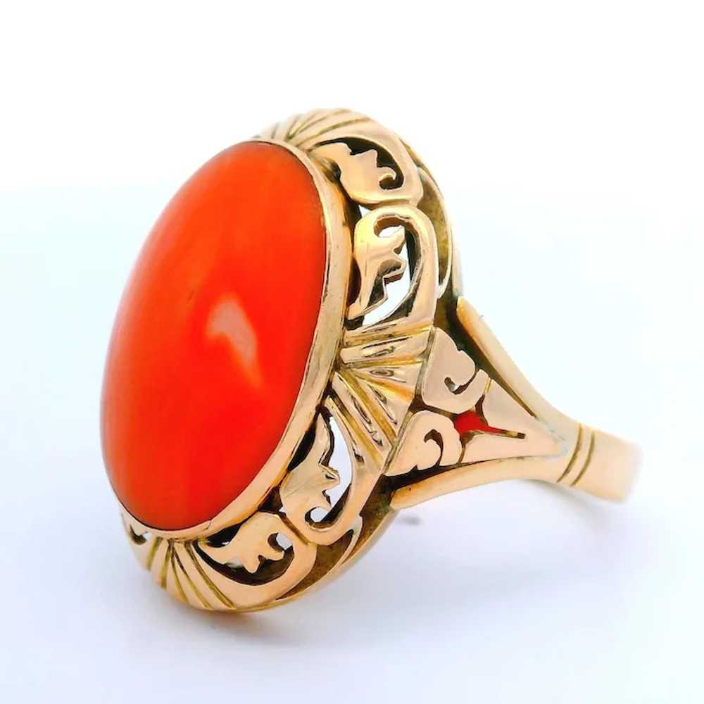 Vintage 14k Yellow Gold Bezel Coral Cabochon Etch… - image 3