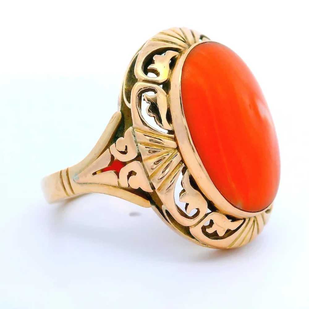 Vintage 14k Yellow Gold Bezel Coral Cabochon Etch… - image 5