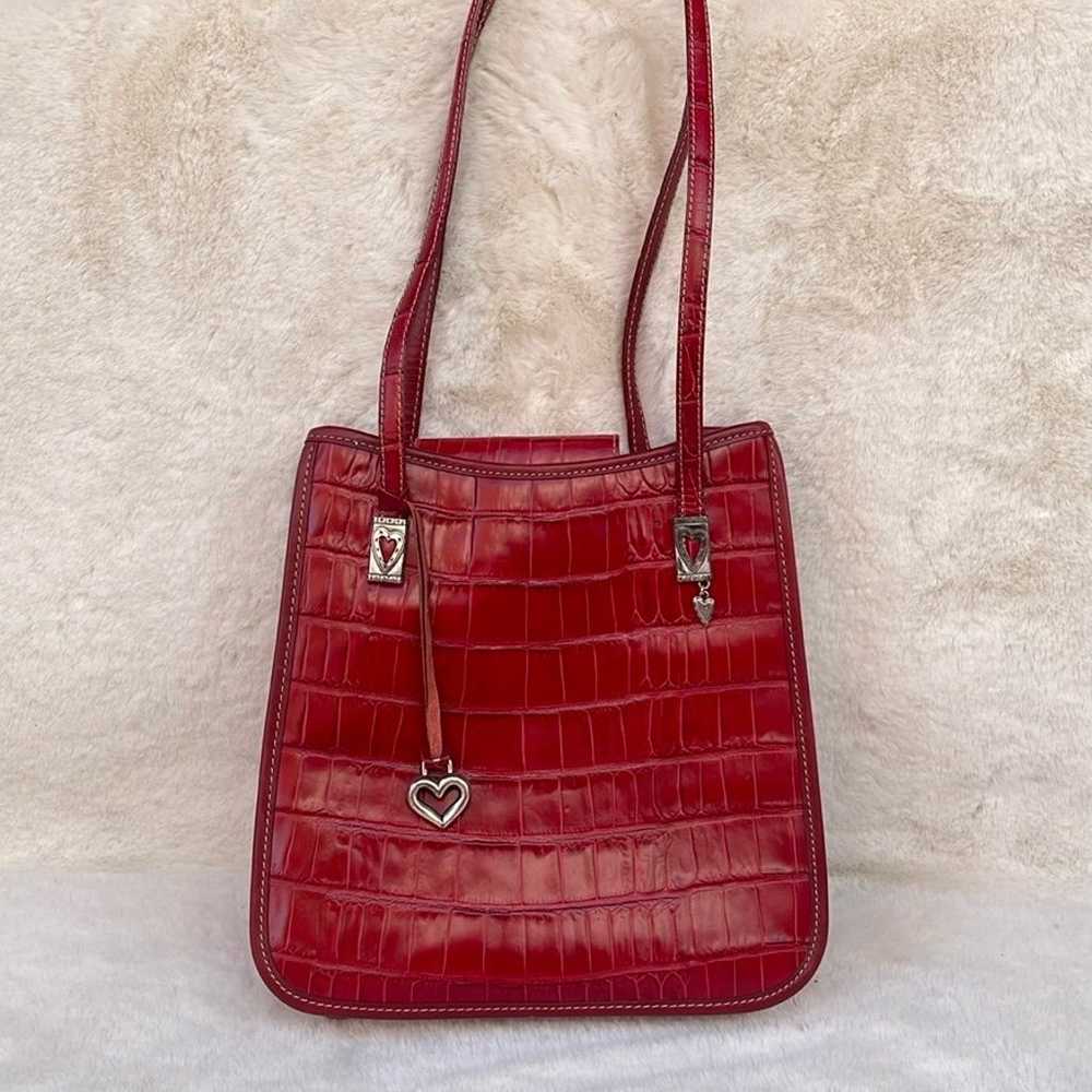 EUC Brighton Vintage Croc Leather Red Shoulder Ba… - image 2