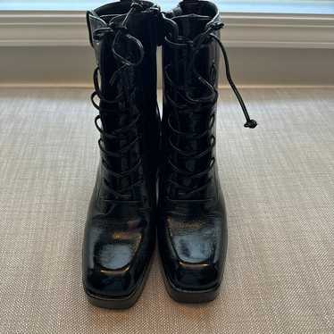 Black Patent, leather mid calf boots