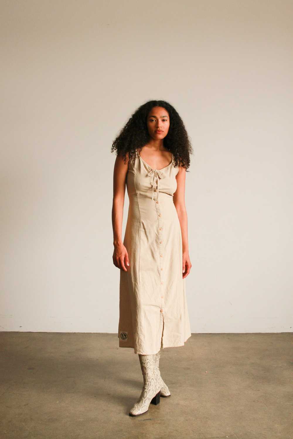 1980s Beige Raw Silk Button Up Dress - image 1