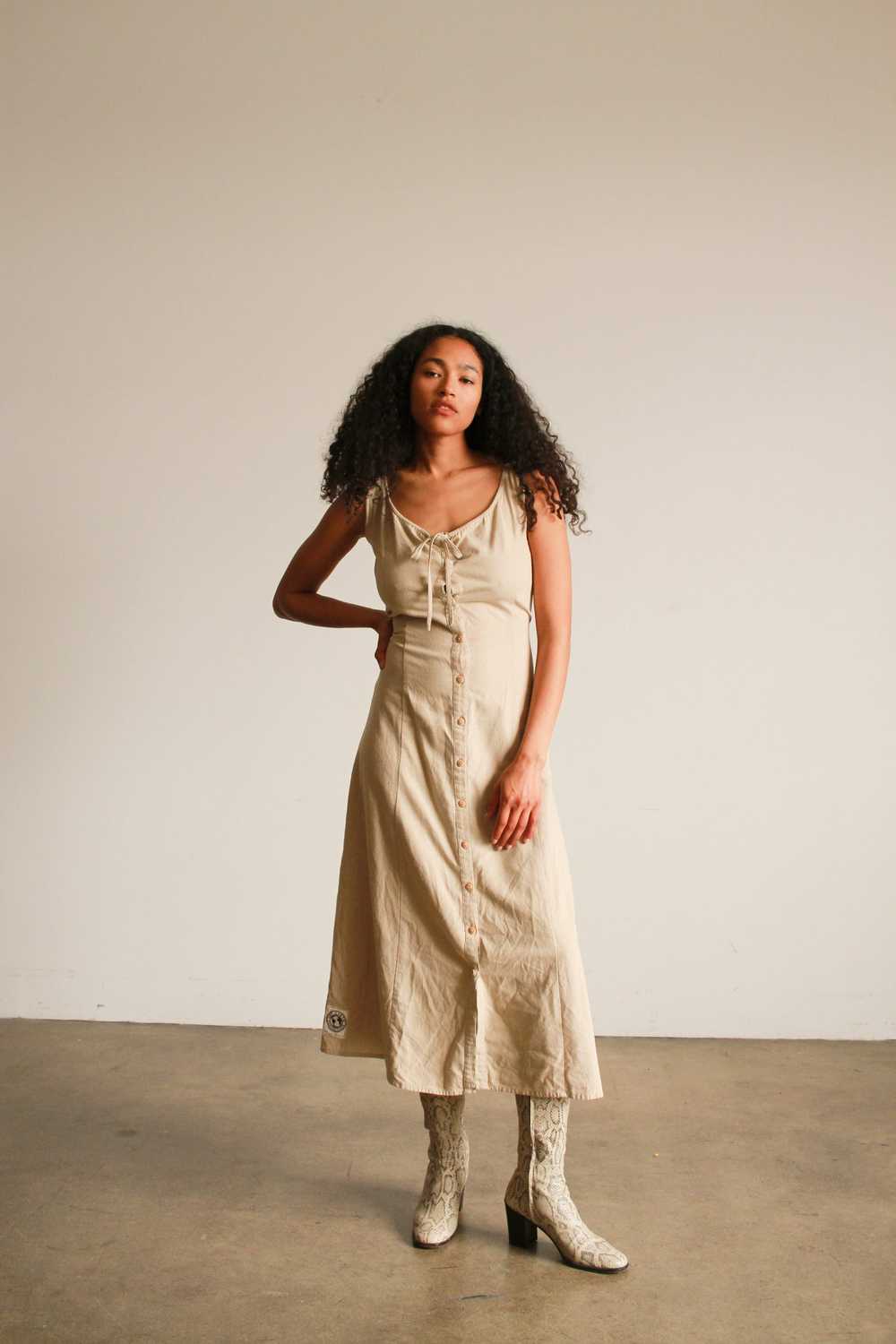 1980s Beige Raw Silk Button Up Dress - image 2