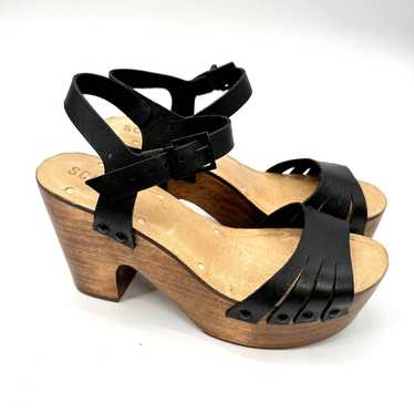 Schutz Black Leather Wooden Wedge Platform Heel //