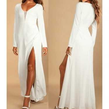 Lulu's White Long Sleeve V-neck Maxi Formal Dress 