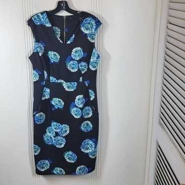 Tahari Black & Blue Flowered Sleeveless Dress