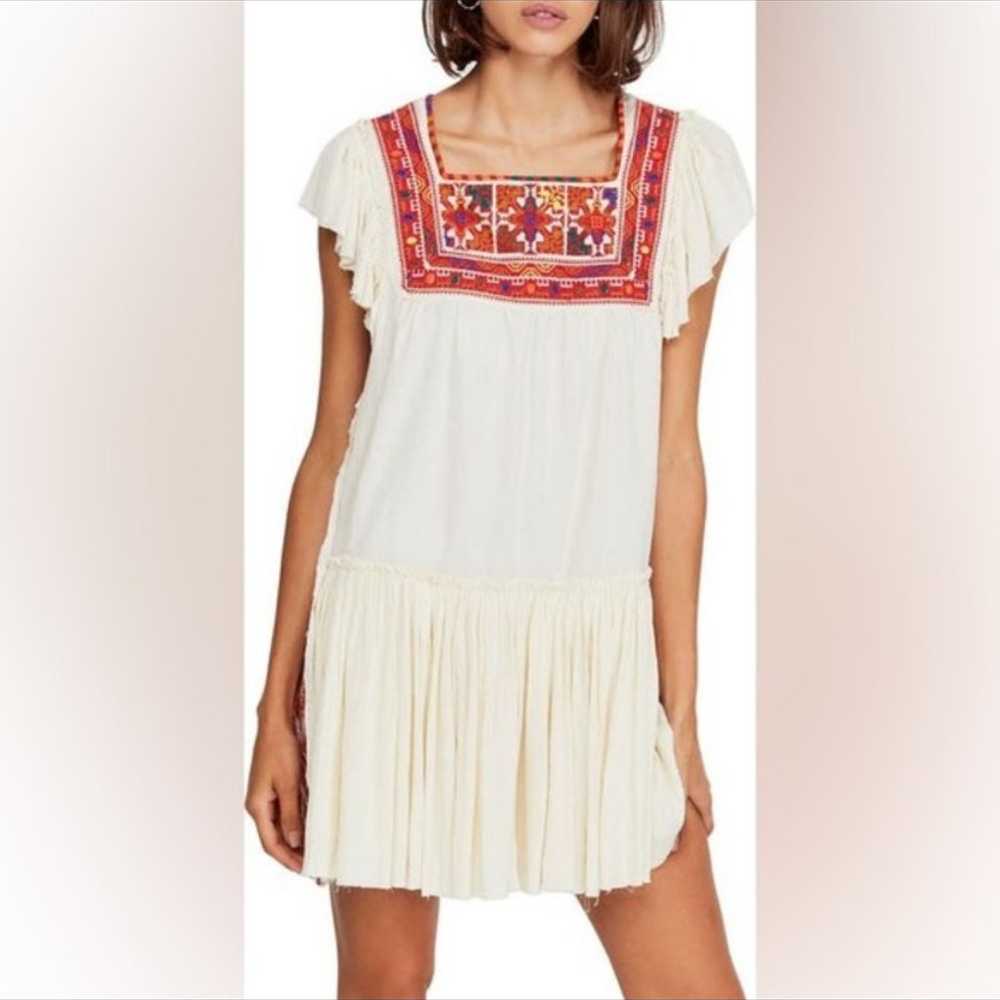 Free People Minidress Beige Red Embroidery Size L… - image 1