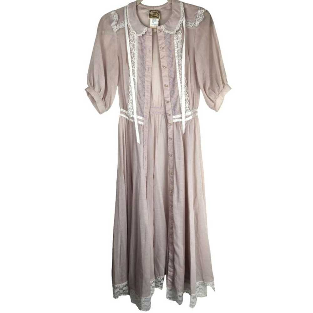 Gunne Sax Vintage Sheer Pink Lace Button-Up Midi … - image 1