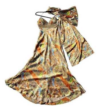 Vintage 90s Halter Slip Dress S Gold Multicolor P… - image 1