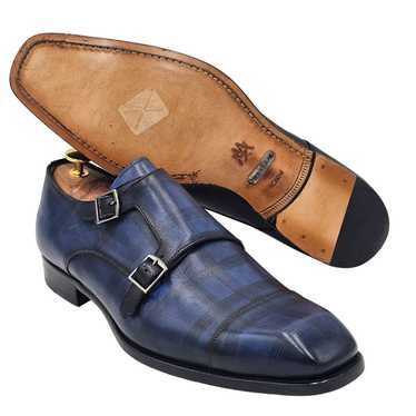 Mezlan NEW Mezlan Blue Plaid Unique Double Monk St