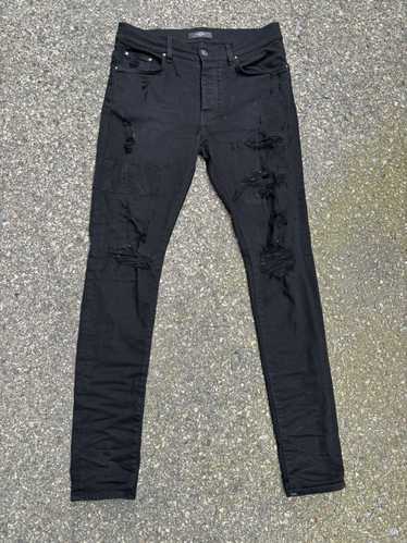 Amiri Black Suede Thigh Logo Distressed Jeans