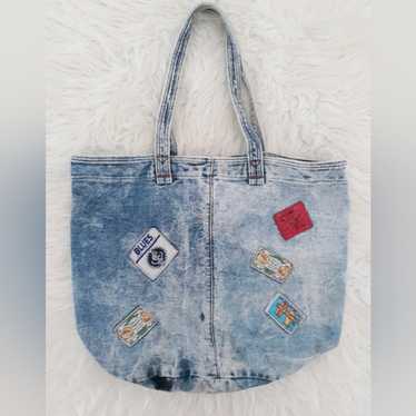 Vintage outlets 80s Shane Acid Wash Blue Denim Jean Shoulder Bag Handbag Plaid Patchwork