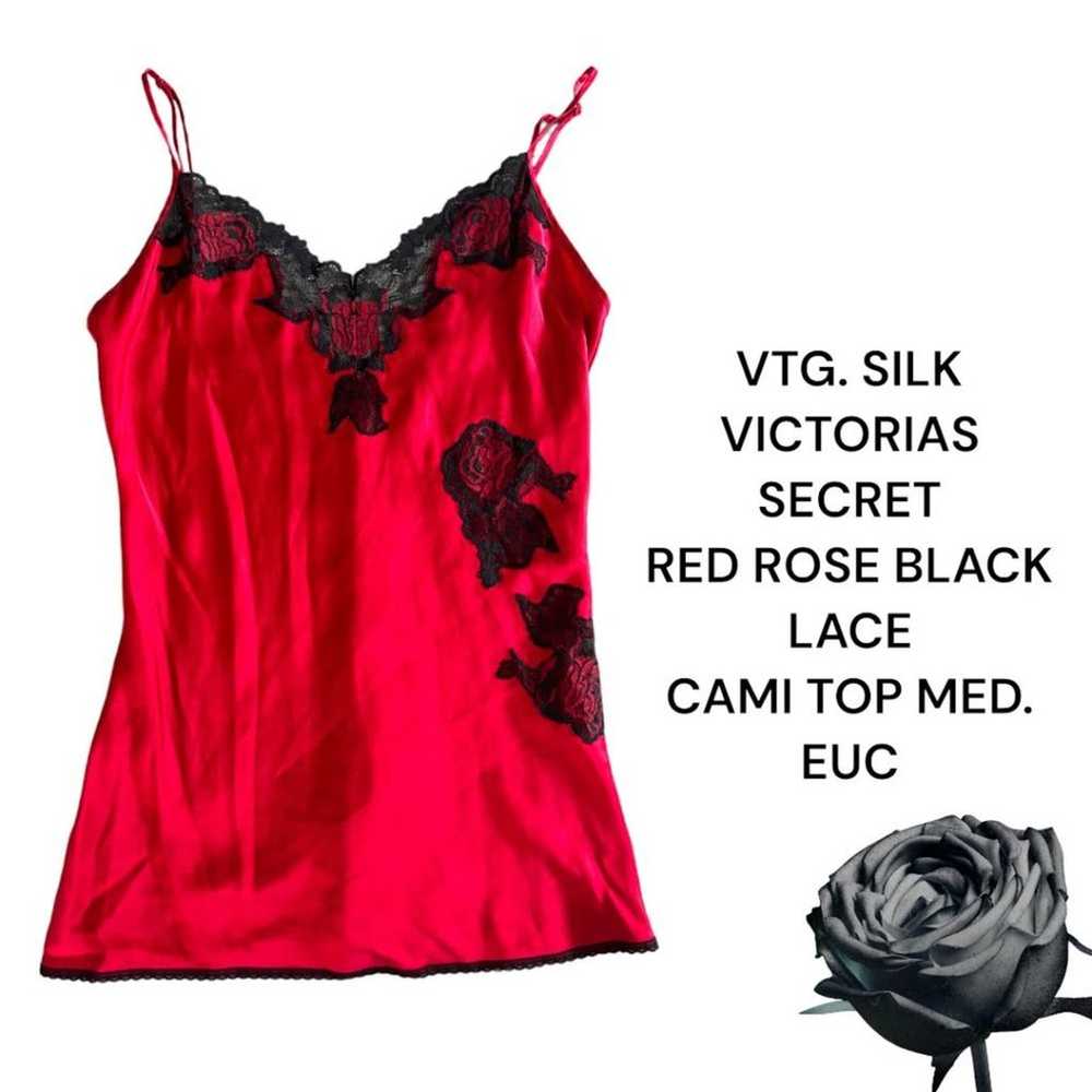 VTG. VICTORIAS SECRET RED SILK ROSE  BLACK LACE C… - image 1