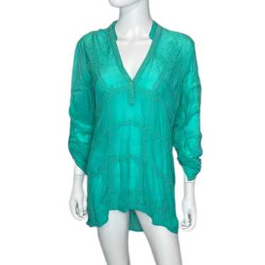 Johnny Was Sheer Greenish Blue Floral Tunic Top Sz