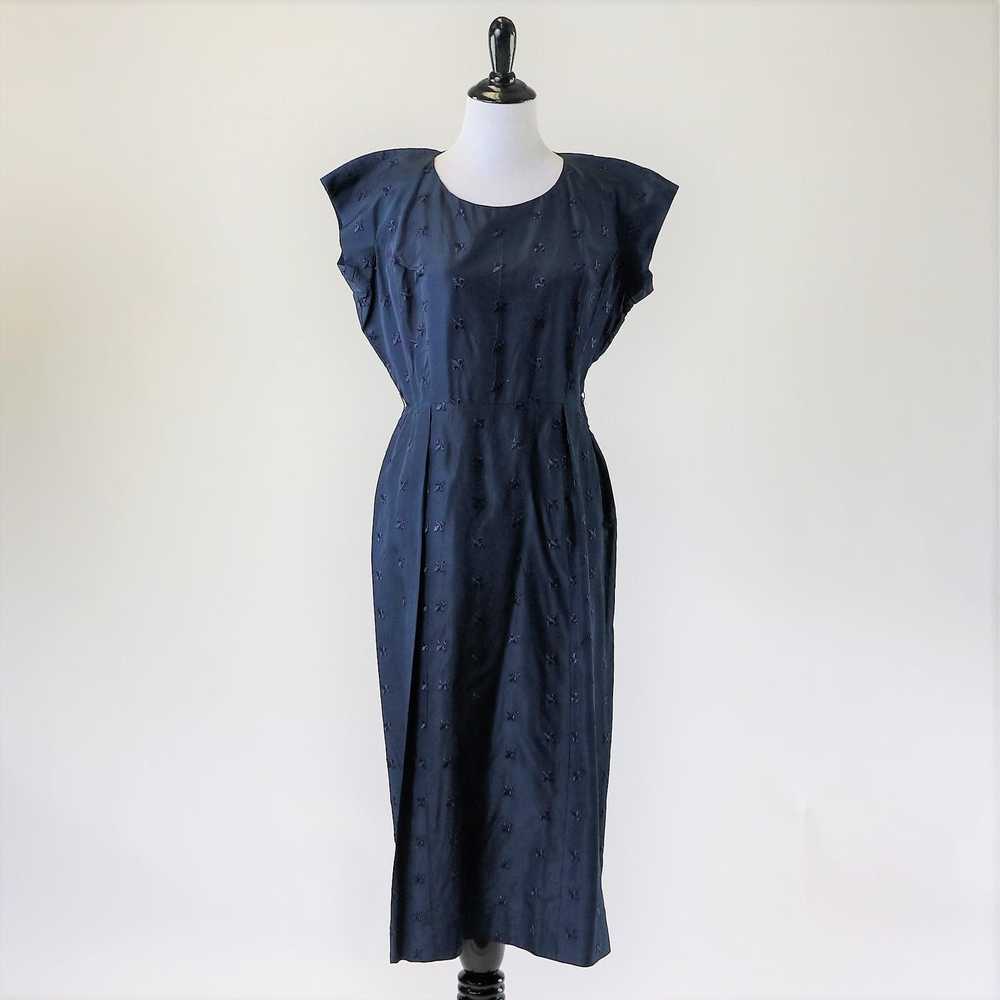 Vintage Vintage 50s-60s Navy Blue Dress Fleur De … - image 3