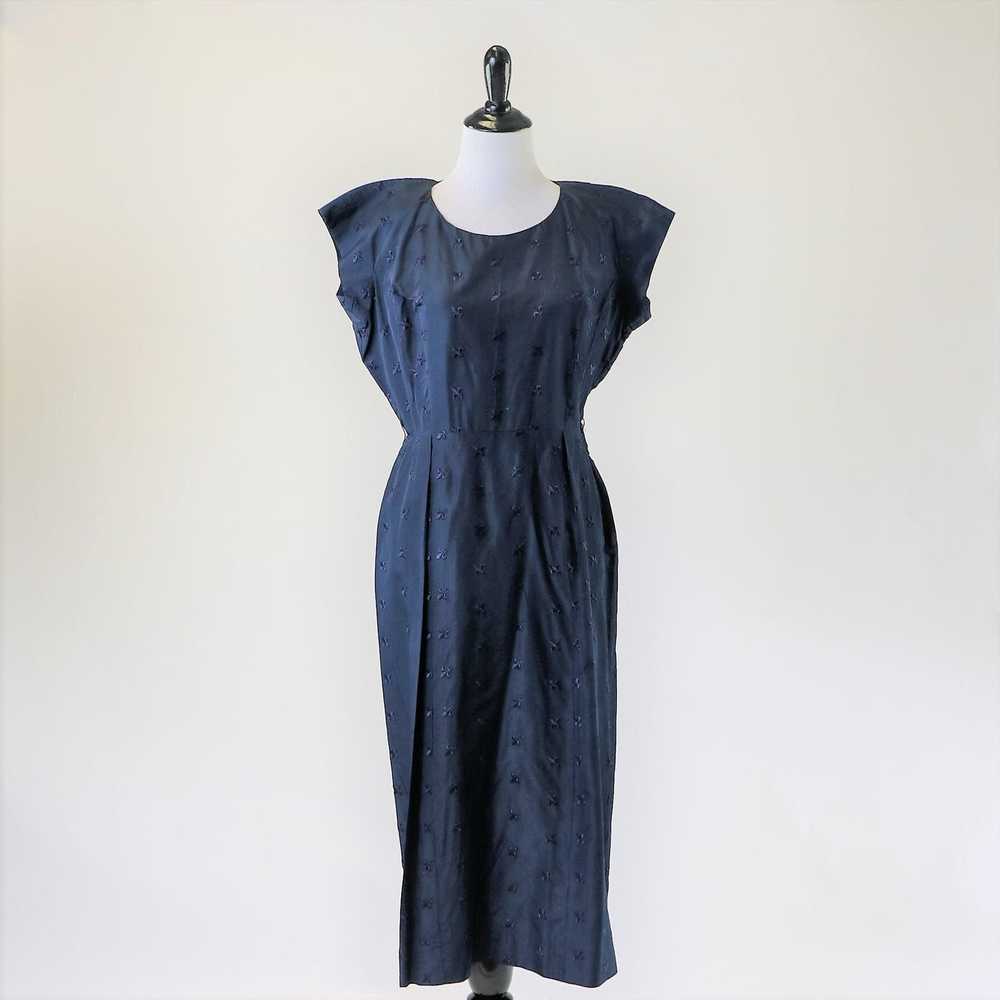Vintage Vintage 50s-60s Navy Blue Dress Fleur De … - image 4