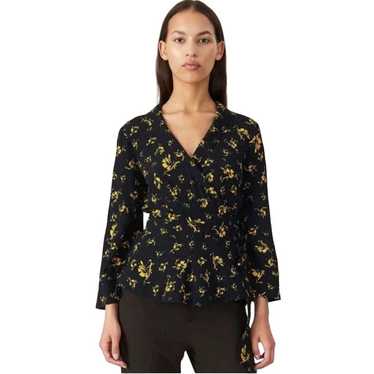 Ganni Black Wrap Top with Yellow Floral Print