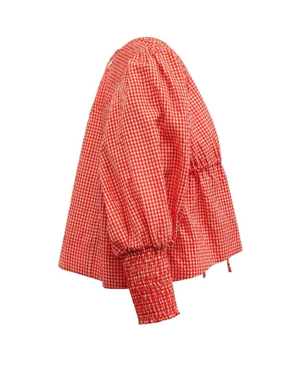 Ganni Gingham Front-Tie Cotton Top with Shirred C… - image 2
