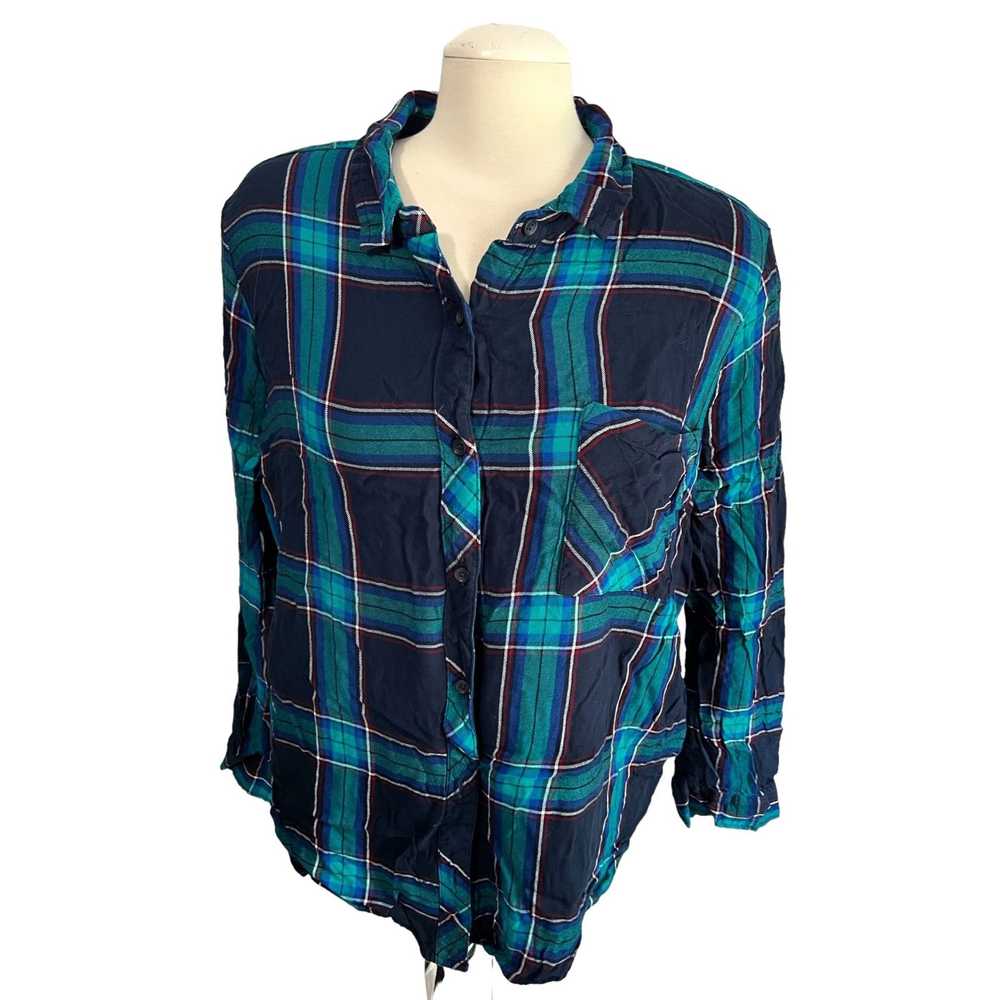 Other Time & Tru Blue & Teal Plaid Button Down Sz… - image 3
