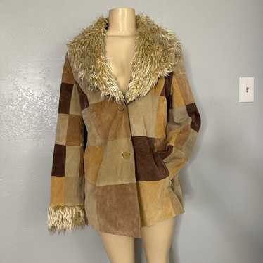 90s/y2k patchwork fur trimmed coat