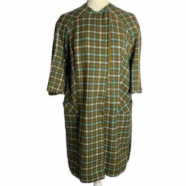 Vintage 60s Houndstooth Plaid Mod Overcoat S Brow… - image 1
