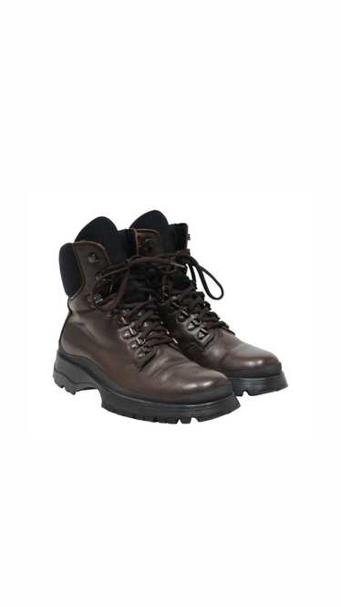 Prada Bixxen Combat Boots Brown Leather Eye Hook -